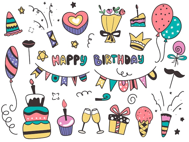 Geburtstagsdoodle-Elemente setzen Vektorgrafiken festliche Party mit Kuchenballons Geschenke Blumen