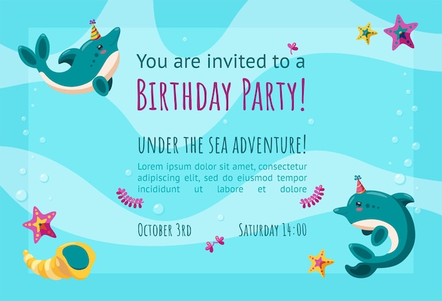 Geburtstagseinladungskarte mit süßen kleinen delfinen seestern und muscheln fertige einladung