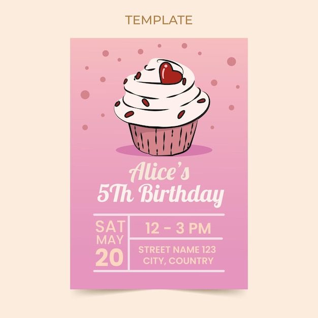 Geburtstagseinladungsvorlage mit einer niedlichen und lustigen Cupcake-Vektorillustration