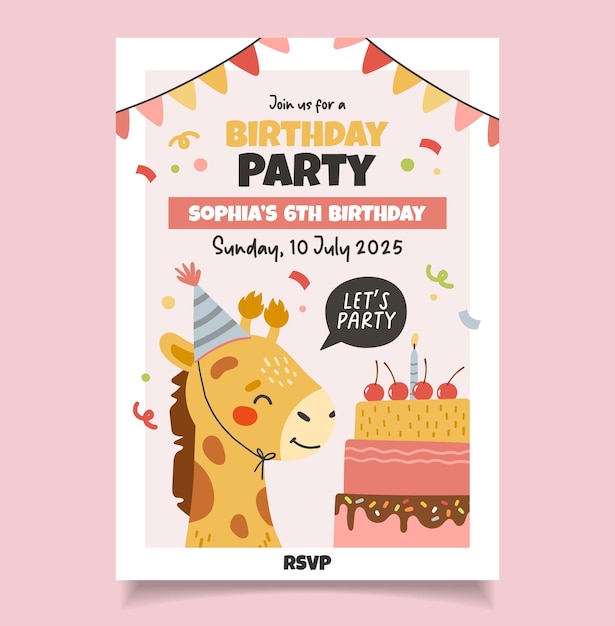 Geburtstagsfeier Einladung Geburtstagstiere Sammlung Kuchen Geschenke Giraffe Mädchen Party Einladung