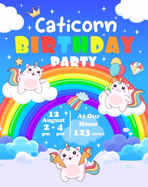 Geburtstagsfeier flyer, magische niedliche katzenhornkatze