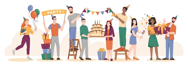 Geburtstagsfeier Freunde mit Kuchen und Luftballons