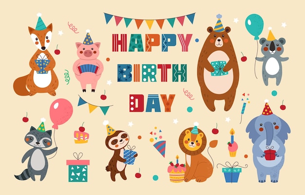 Geburtstagsfeier Glückliche Zeichentricktiere Schöne Bären und Affen Hüte und Ballons Glückwunschbriefe Poster Ferienkuchen Kinder Jubiläumsfeier Vektor ordentliche Grußkarte