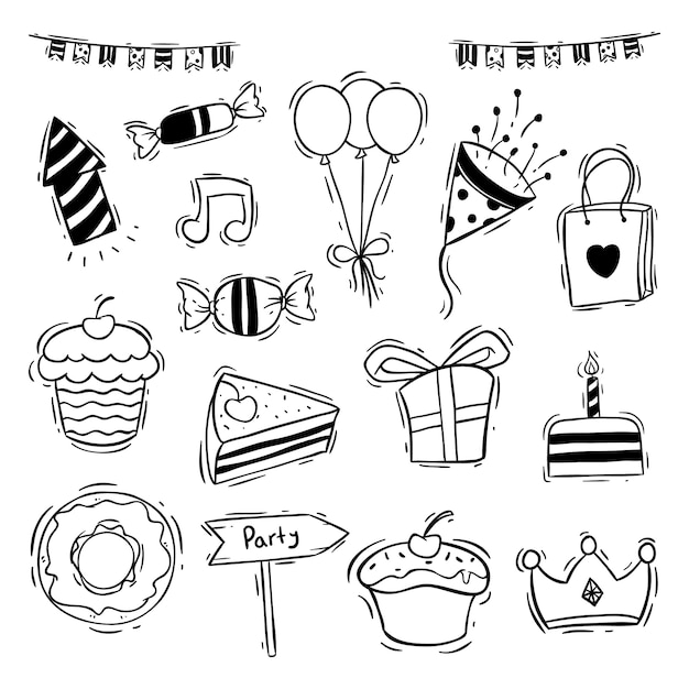 Vektor geburtstagsfeier icons sammlung mit donut, slice cake und cupcake