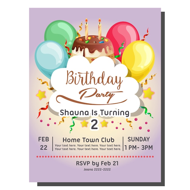 Geburtstagsfeiereinladungskarte mit besprühen törtchen und bunten ballon
