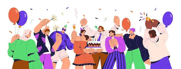 Geburtstagsfeiern Glückliche Menschengruppe feiert ein festliches Ereignis Urlaub mit Kuchen Konfettiballons Junge Freunde Jugend auf der Feier Flach-Vektor-Illustration isoliert auf weißem Hintergrund