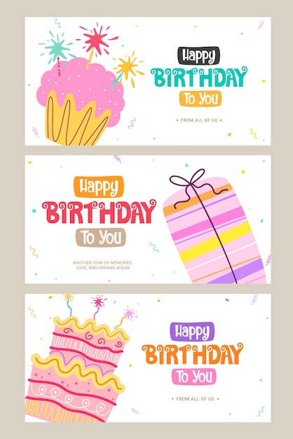 Geburtstagsgrüße Clipart-Banner-Set Glücklicher Geburtstag-Grüße Text-Clip-Art mit farbenfrohen Cupcake