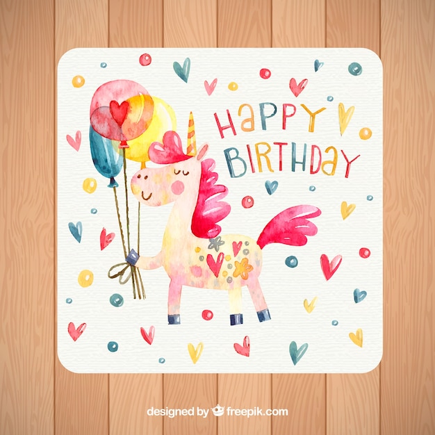Geburtstagskarte mit aquarell einhorn und herzen