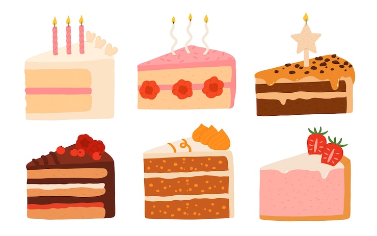 Vektor geburtstagskuchen-set süße feiertagsbäckereier sammlung gebäck schokolade obst beere dessert mit kerzen für das frühstück vektor handgezeichnete flache cartoon-illustration