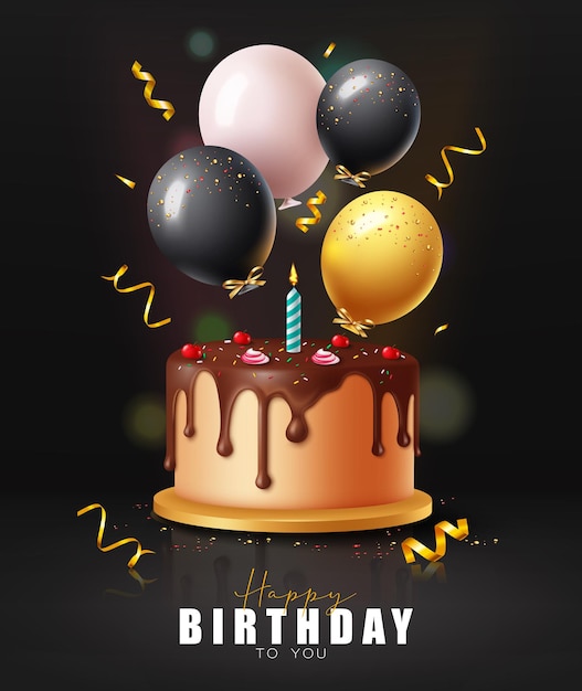 Geburtstagskuchen-Vektor-Poster-Design Glücklicher Geburtstag-Grüßtext mit Schokoladenkuchen-Ballons