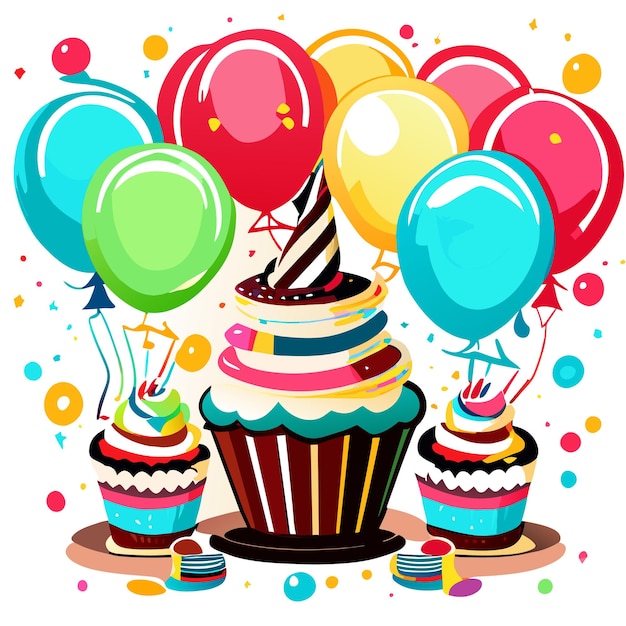 Geburtstagsparty-Paket, süße Cupcakes, bunte Luftballons und köstliche Geburtstagsgeschenke