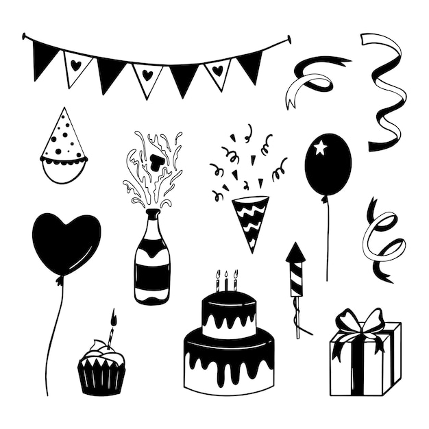 Geburtstagsset Vektorillustration im Silhouettenstil