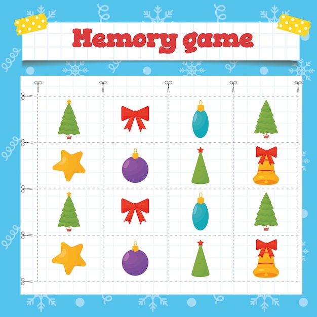 Gedächtnisspiel kleinkind-bildungsspiele mit weihnachtsbaumdekoration. weihnachtsarbeitsblatt für kinder im vorschul- oder kindergarten.