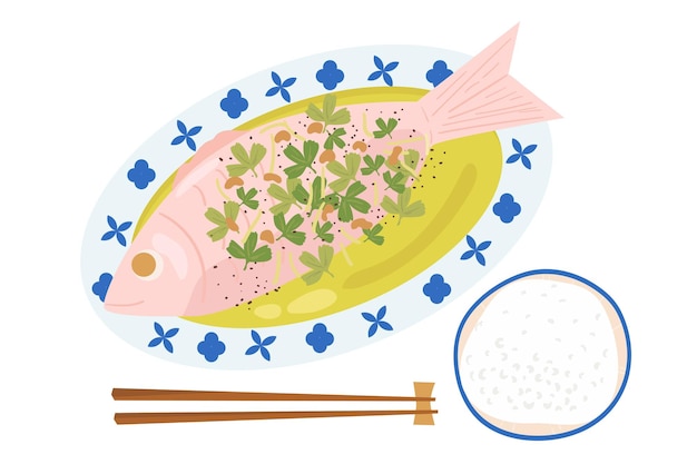 Vektor gedämpfter fisch, asiatische lebensmittelvektorillustration