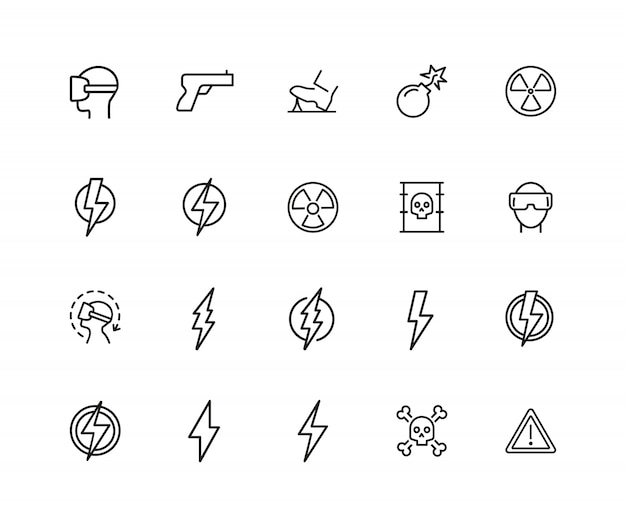 Gefährliche symbole. satz von zwanzig linie ikonen. bombe, strahlungszeichen, blitz.