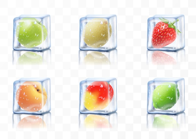 Gefrorene saftige Früchte in Eiswürfeln Apfelmelone Limette Erdbeere Pfirsich Mango Realistische 3D-Vektorillustration gefrorene Beere für exotische Sommercocktail-Alkoholgetränke