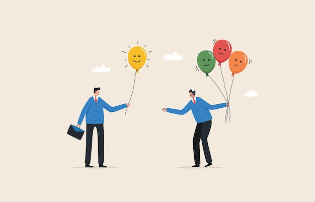 Gefühl weitergeben Positive Emotionen Ermutigung für Kollegen Weitergabe positiver Energie an Mitarbeiter Geschäftsmann mit Luftballons mit emotionalen Emoticons