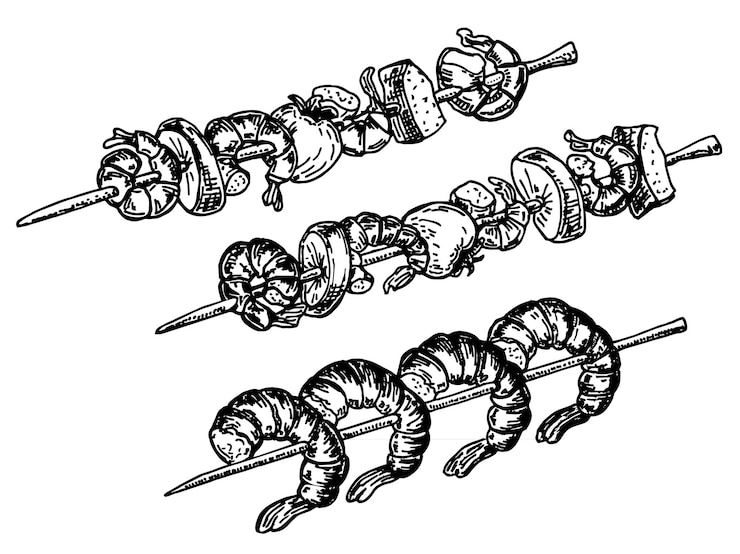 Vektor gegrillte garnelen am spieß meeresfrüchte fischspiesse garnelen am spieß gegrillter lachs vintage-skizze