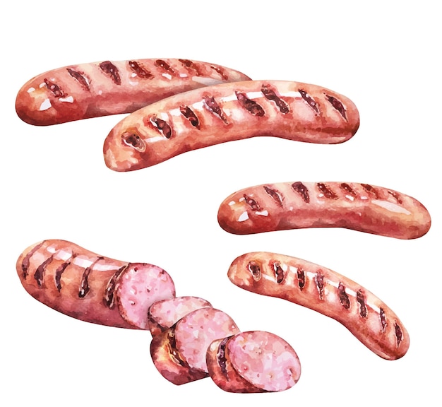 Gegrillte Würstchen Handgezeichnete Aquarelle Verarbeitete Lebensmittel Zur Dekoration der Speisekarte Zutaten zum Kochen