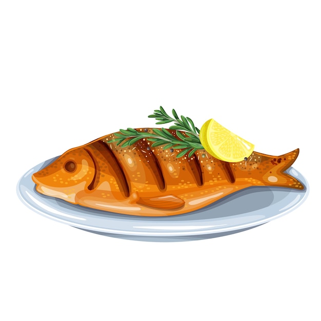 Vektor gegrillter fisch mit rosmarin und zitrone auf einem teller. ganze braten-dorado-illustration.