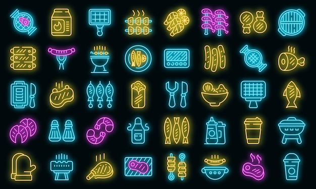 Gegrilltes essen icons set vektor neon