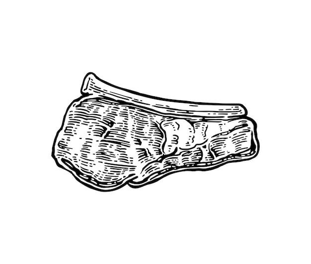 Gegrilltes rindersteak mit knochendraufsicht vintage schwarze vektorgrafik isoliert auf weißem hintergrund
