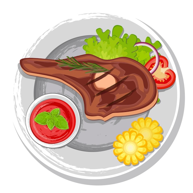 Vektor gegrilltes steak auf dem teller liegt ein stück gebratenes fleisch mit gemüse und kräutern