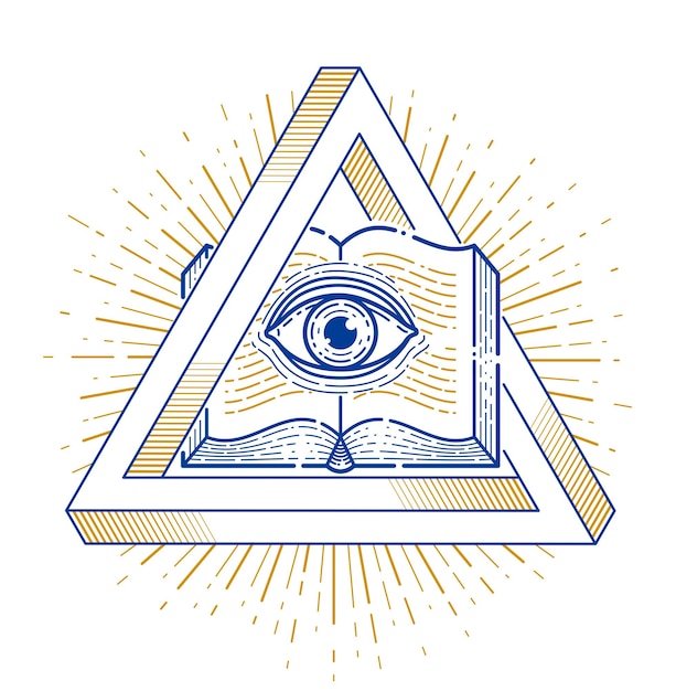 Geheimes wissen vintage offenes buch mit allem sehenden auge gottes im heiligen geometriedreieck, einsicht und erleuchtung, mauerwerk oder illuminati-symbol, vektorlogo oder emblem-designelement.