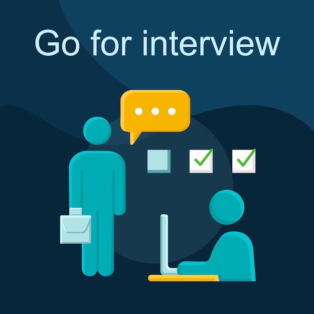 Gehen Sie für das flache Konzeptvektorsymbol des Interviews. Vorstellungsgespräch Idee Cartoon Farbe Illustrationen Set. Kopfjagd. Personalvermittlung. Anstellung, Einstellung. HR-Management. Isoliertes Grafikdesign-Element