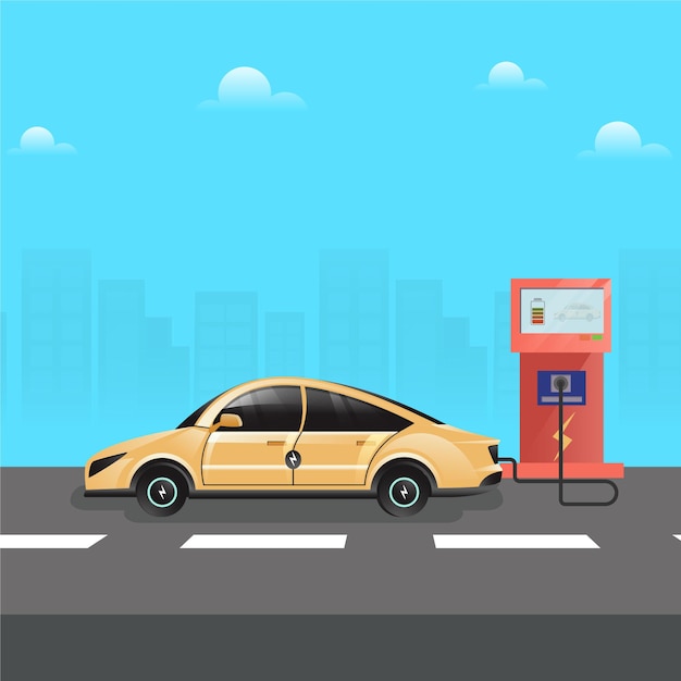 Gehen Sie grünes Konzept mit dem Aufladen des Elektroautos an der Station