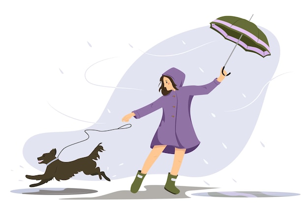 Gehende Frau im Regenmantel mit Regenschirm und Hund bei schlechtem Regenwetter Flache Vektorillustration