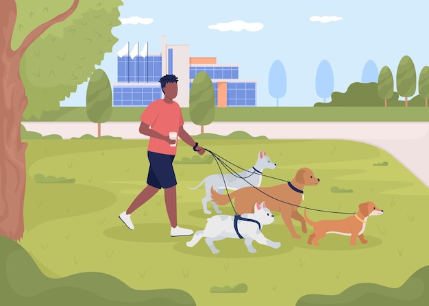 Gehende hunde des mannes in der flachen farbvektorillustration des parks