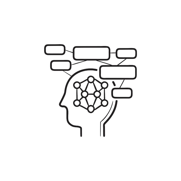Gehirn neurales netzwerk handgezeichnetes umriss-doodle-symbol. künstliche intelligenz.