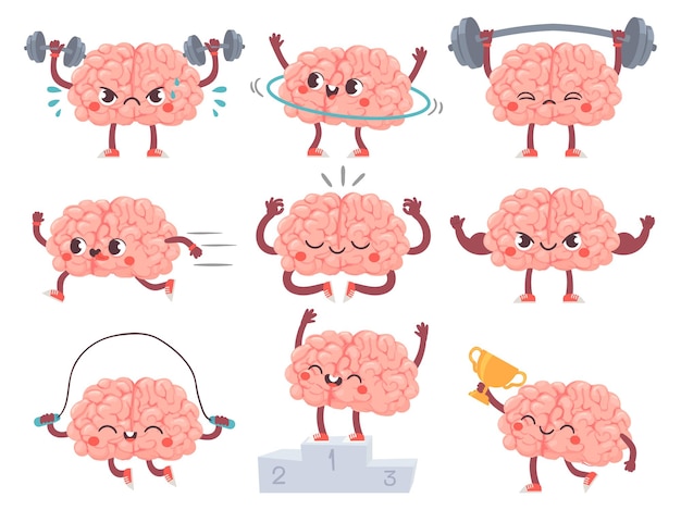 Gehirn und Sport. Comic-Gehirne-Sportaktivitäten, Trainingserfolge iq-Metapher, geistige Bewegung, Fitness-Cartoon-Vektorfiguren. Sportgehirncharakter, Training und Zugillustration