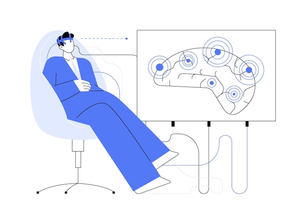 Gehirncomputer-Schnittstelle, abstraktes Konzept, Vektorillustration. Mann, der Gehirncomputer-Schnittstellensystemtechnologie im Gesundheitswesen nutzt, hilft Menschen mit Behinderungen mit einer abstrakten Bionik-Metapher
