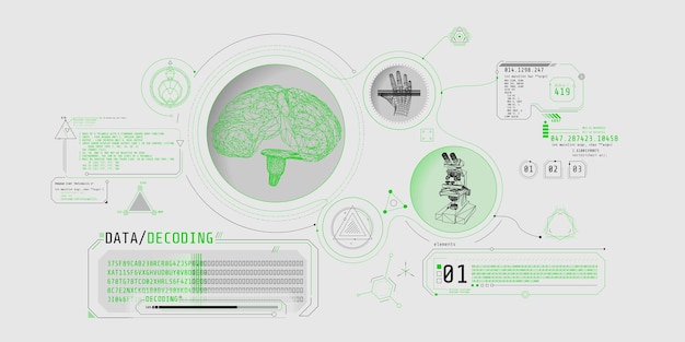 Vektor gehirnforschung futuristische schnittstellenbildschirm mit daten-dekodierung
