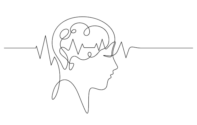 Gehirnwellen pulsieren in der kontinuierlichen linienzeichnung des menschlichen kopfscans