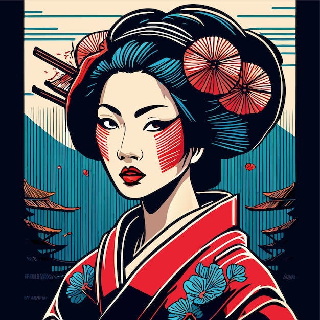 Geisha japanisches samurai-mädchen handgezeichnetes flaches stilvolles cartoon-aufkleber-ikon-konzept isolierte illustration