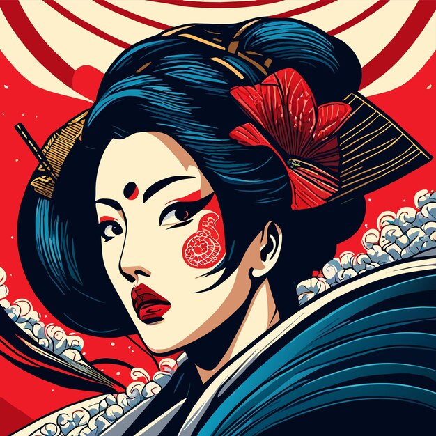 Vektor geisha japanisches samurai-mädchen handgezeichnetes flaches stilvolles cartoon-aufkleber-ikon-konzept isolierte illustration