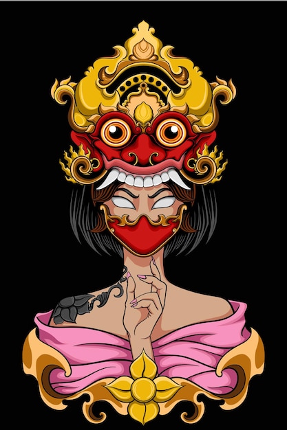 Geisha mit Balines Barong-Vektorillustration