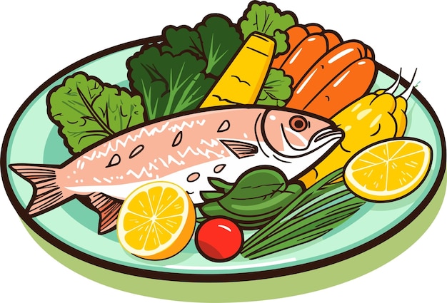 Gekochter Fisch mit Zitrone und Gemüse auf einer Tellervektorillustration