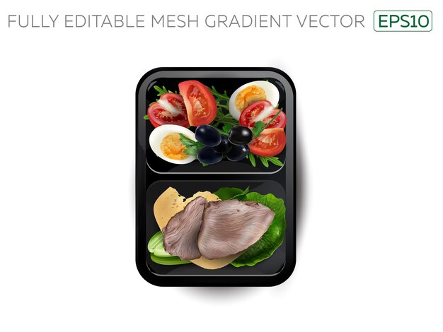 Vektor gekochtes fleisch mit ei, käse und gemüse in einer brotdose.