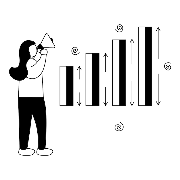 Gekritzel-art-illustration der gesichtslosen jungen frau, die wachstums-balkendiagramm auf weißem hintergrund darstellt