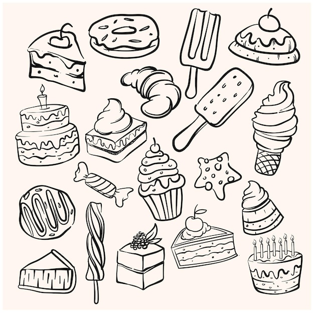 Vektor gekritzel-desserts und süßigkeiten. line-art-illustration. bäckerei-cartoon-doodle