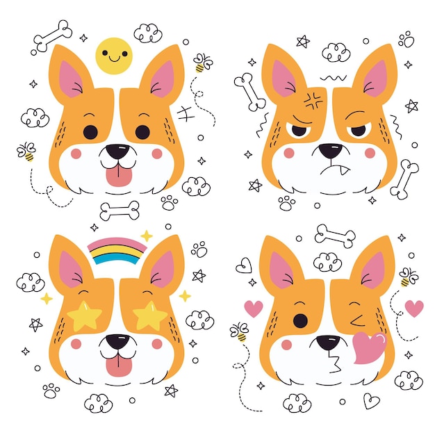 Gekritzel handgezeichnete hund emoticons aufkleber sammlung