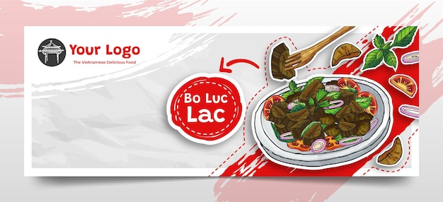 Gekritzel-handgezeichneter bo luc lac als vietnamesischer lebensmittel-social-media-header-hintergrund