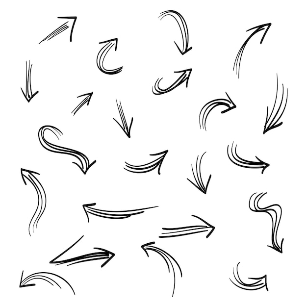 Vektor gekritzel-pfeilsymbole set pfeilsymbol mit verschiedenen richtungen pfeilrichtung handzeichnung isoliert auf einer weißen hintergrundvektorillustration