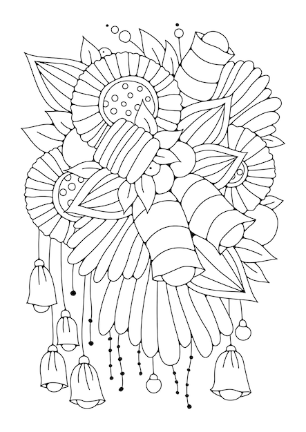 Gekritzelblumenmuster in schwarzweiss. malvorlagen für kinder und erwachsene. zentangle-zeichnung.