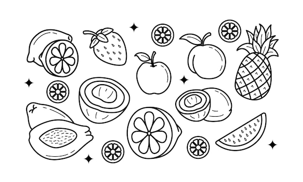 Gekritzelfrüchte. natürliche tropische früchte, bio-früchte oder vegetarisches essen. vektor isolierte symbole