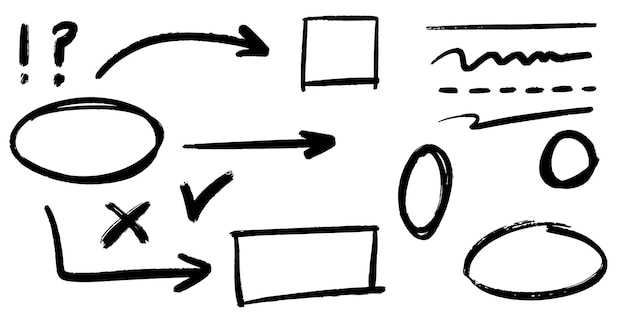 Vektor gekritzellinien, pfeile, kreise und kurven vector.hand gezeichnete gestaltungselemente lokalisiert auf weißem hintergrund für infografik. vektor-illustration.